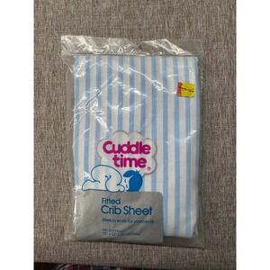 Vintage Cuddle Time Blue White Striped Fitted Crib Sheet USA Made NEW